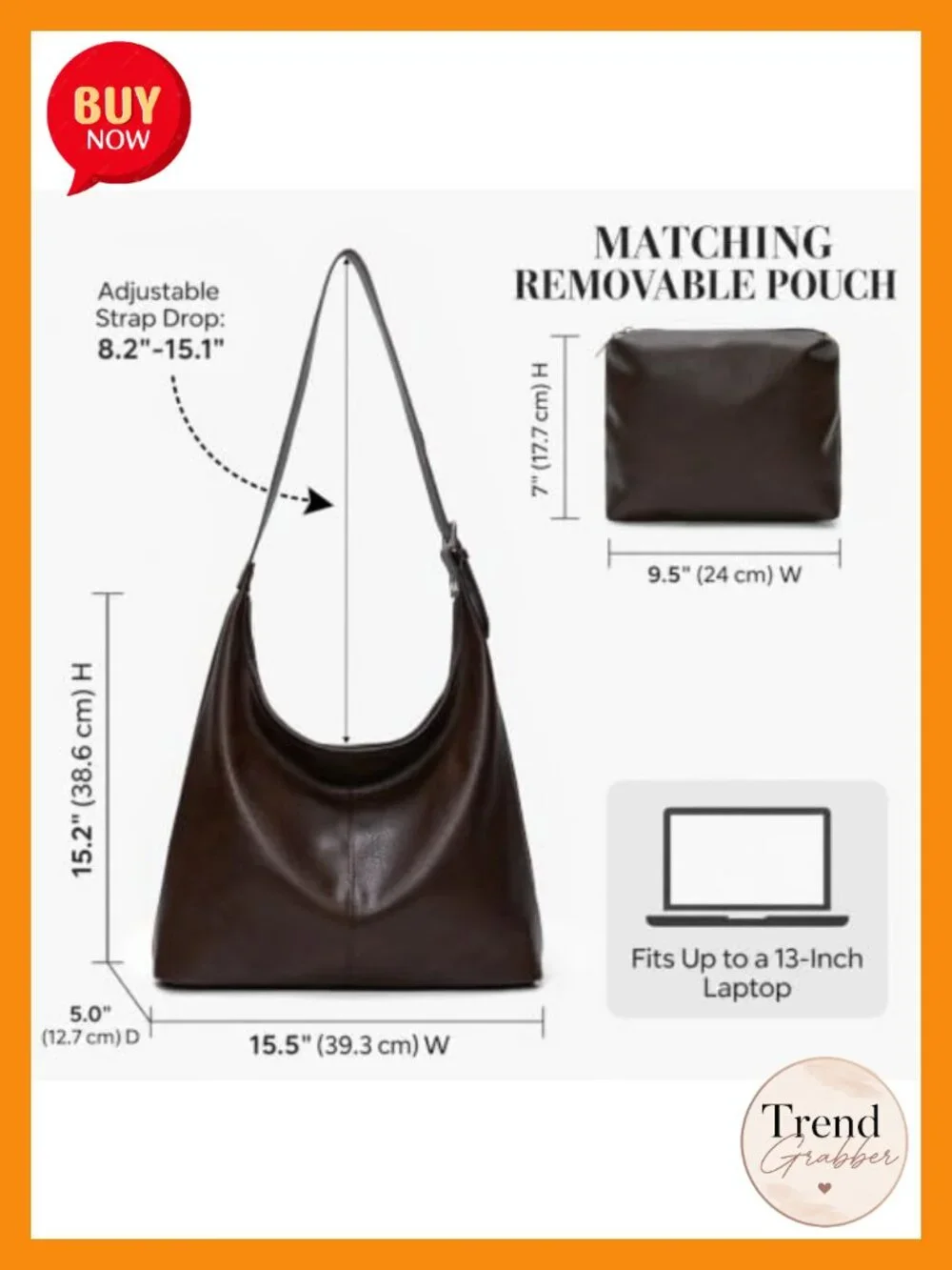 Vegan Leather Slouchy Hobo Shoulder Bag with Matching Pouch Laptop Tote